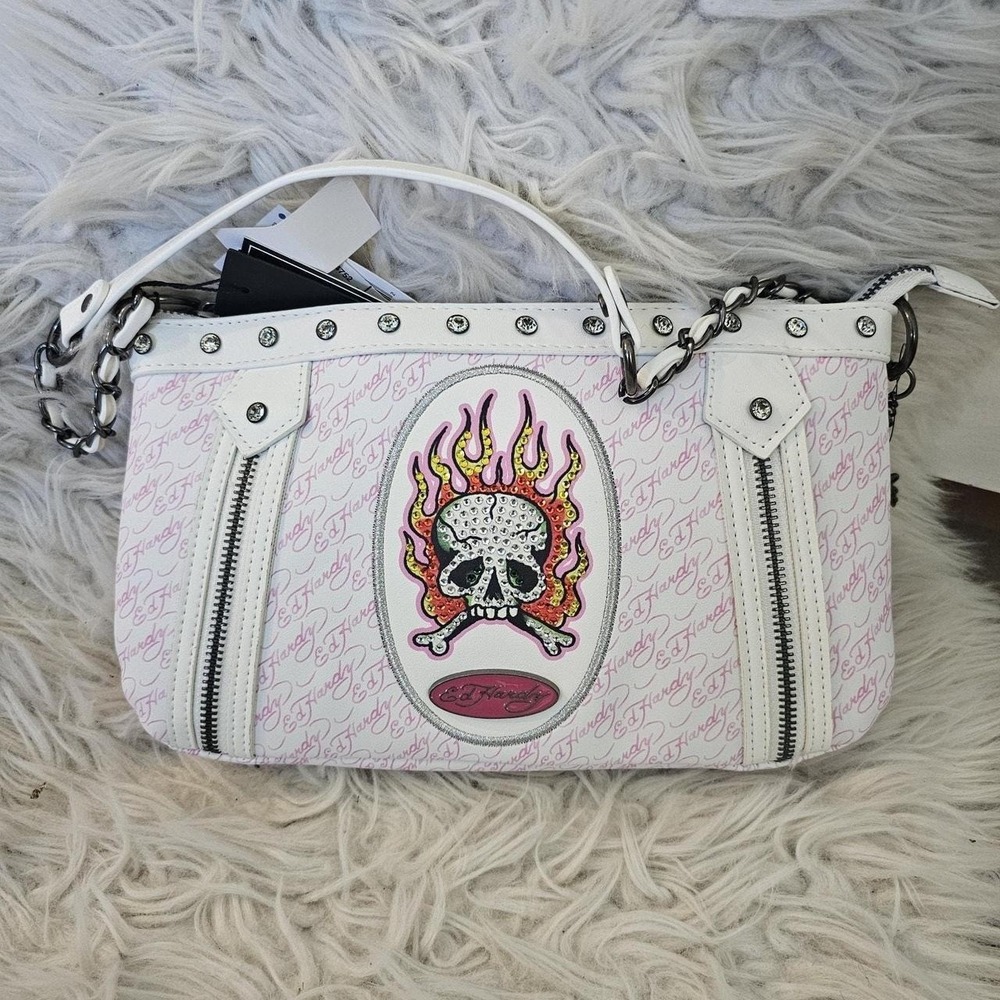 Ed Hardy White Pink Skull Flame Shoulder Bag Rhinestone Y2K Tattoo NWT